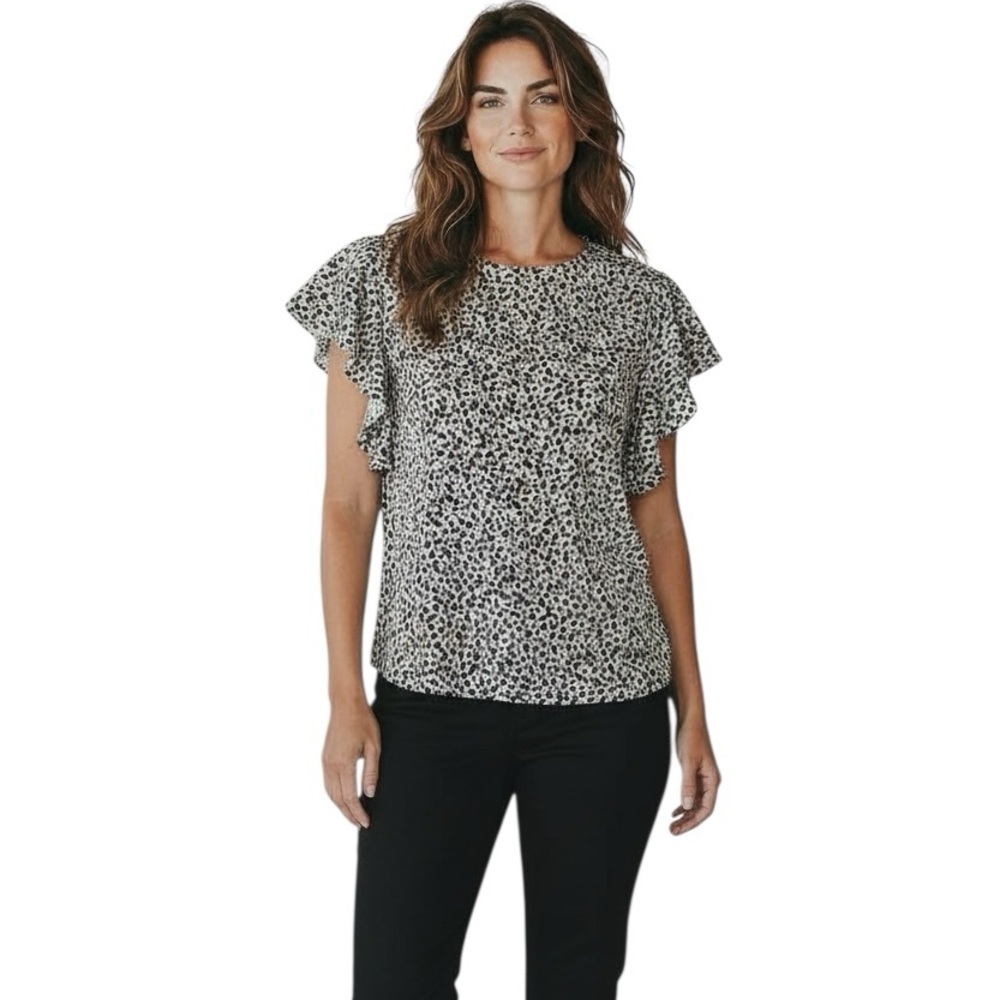 NWT ADRIANNA PAPELL Flutter Short Sleeve Keyhole Back Floral Blouse Size Large - Picture 2 of 6